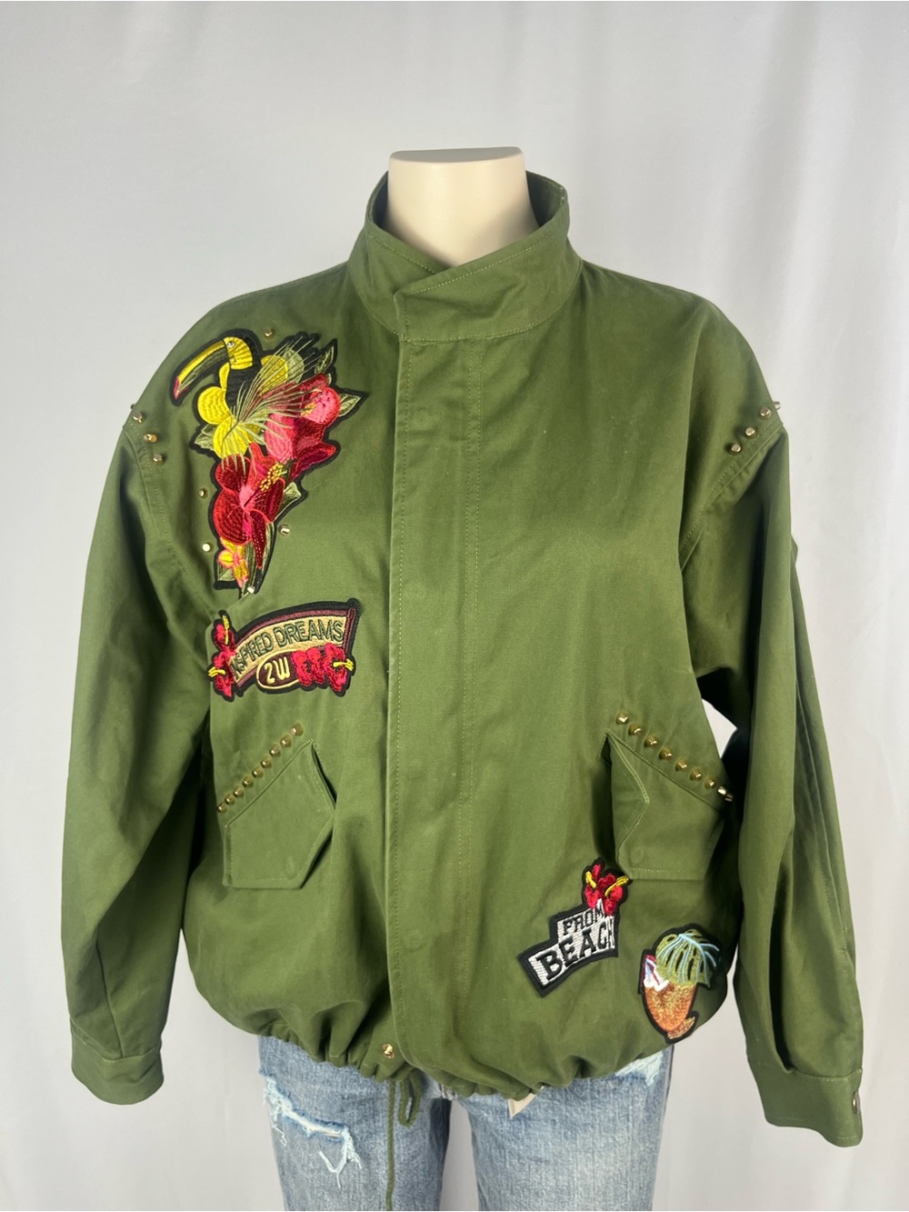 Zara Olive Green Embroidered Kids Pea Coat with Studs
